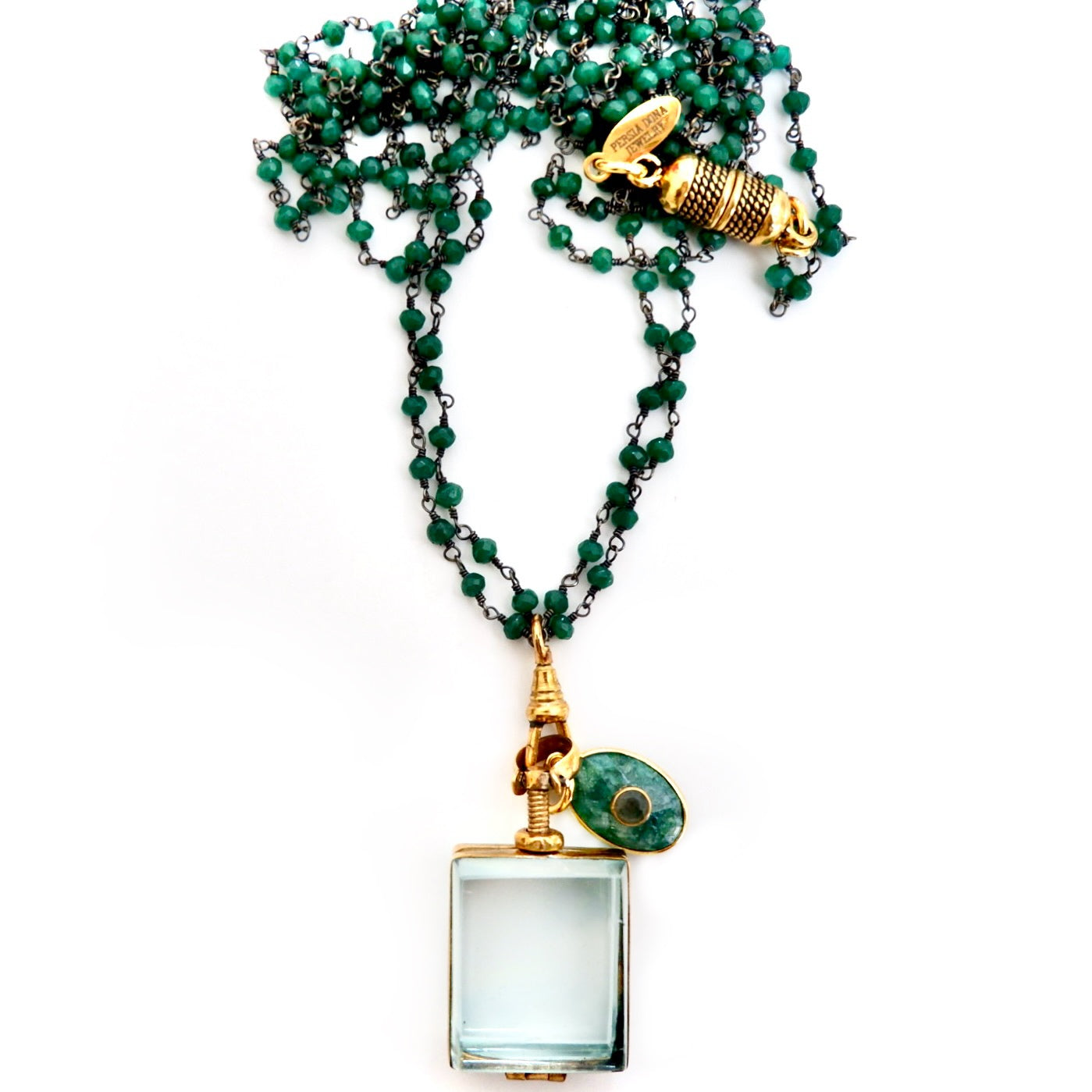 vintage square glass locket green onyx necklace
