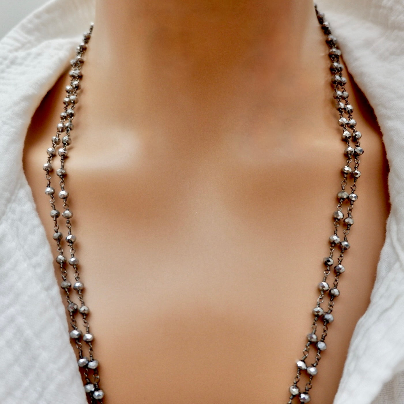 my long dainty silver pyrite necklace