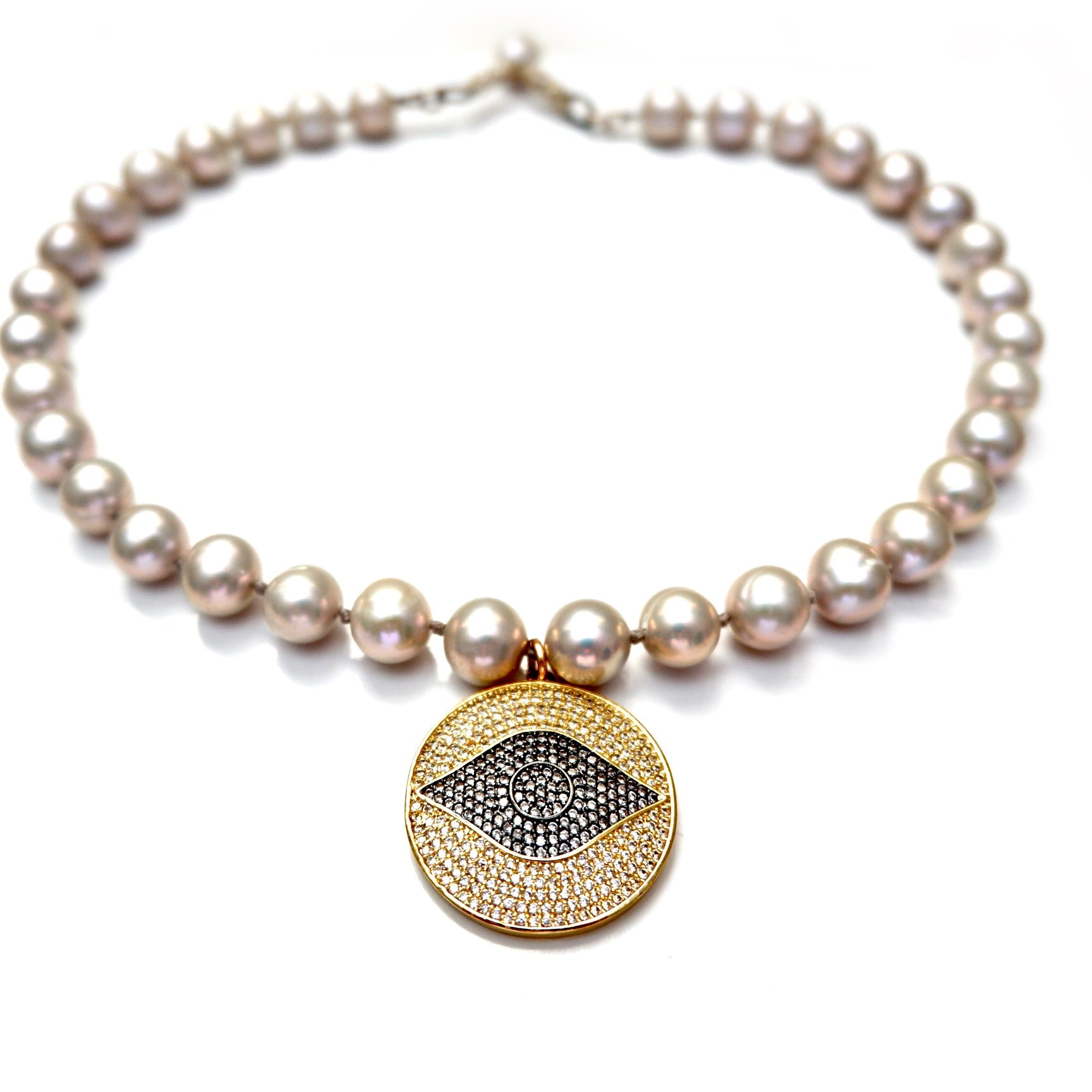 my grey pearl evil eye necklace