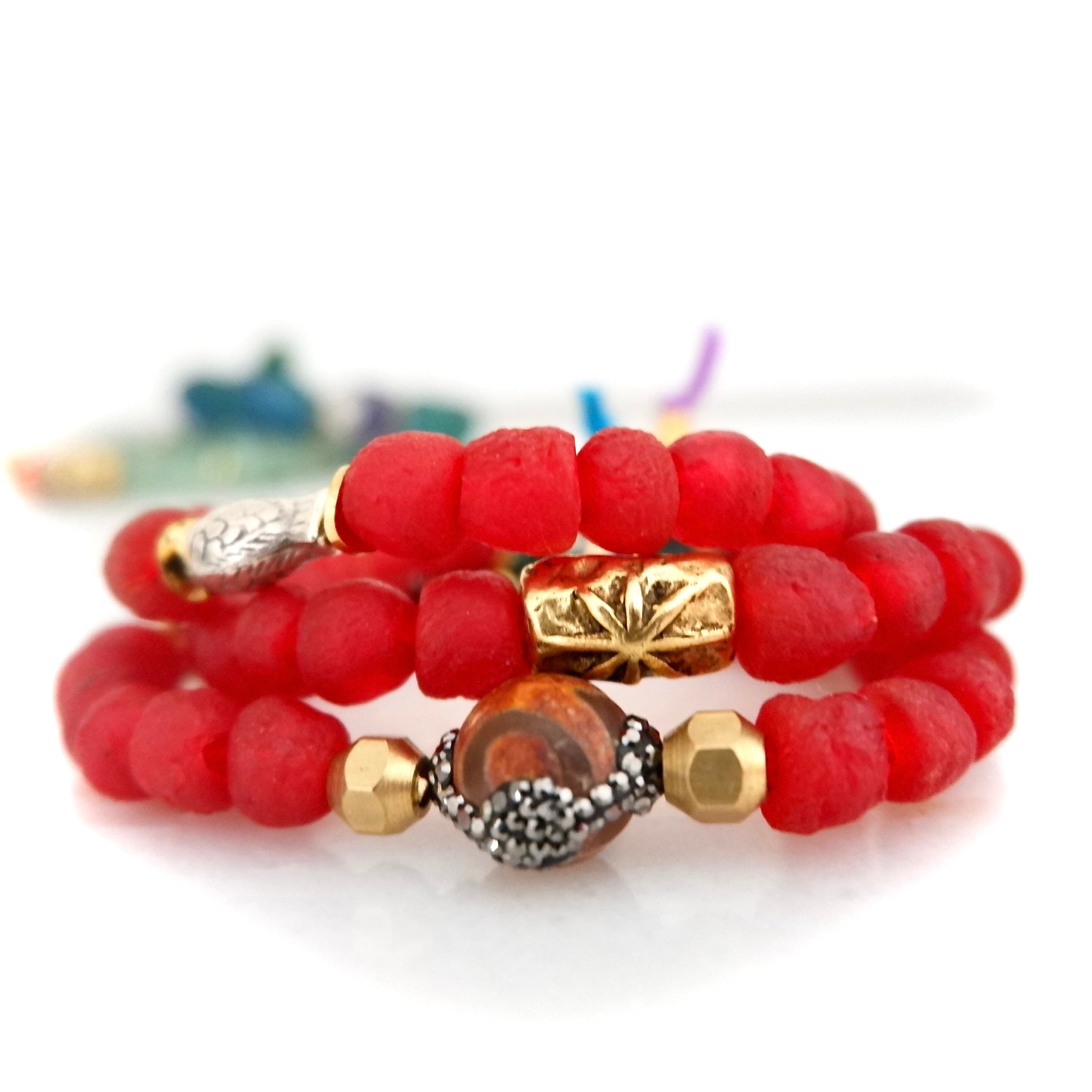 my red glass silver fish bracelet