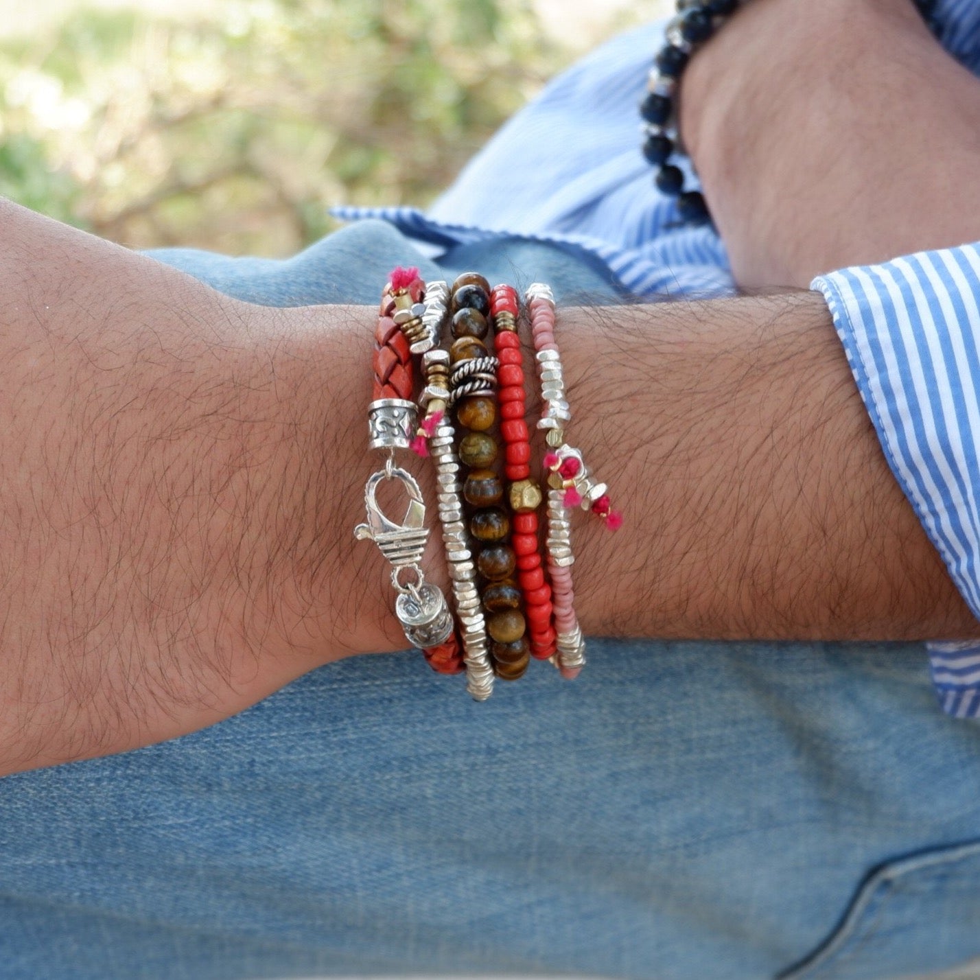 red woven leather mens bracelet
