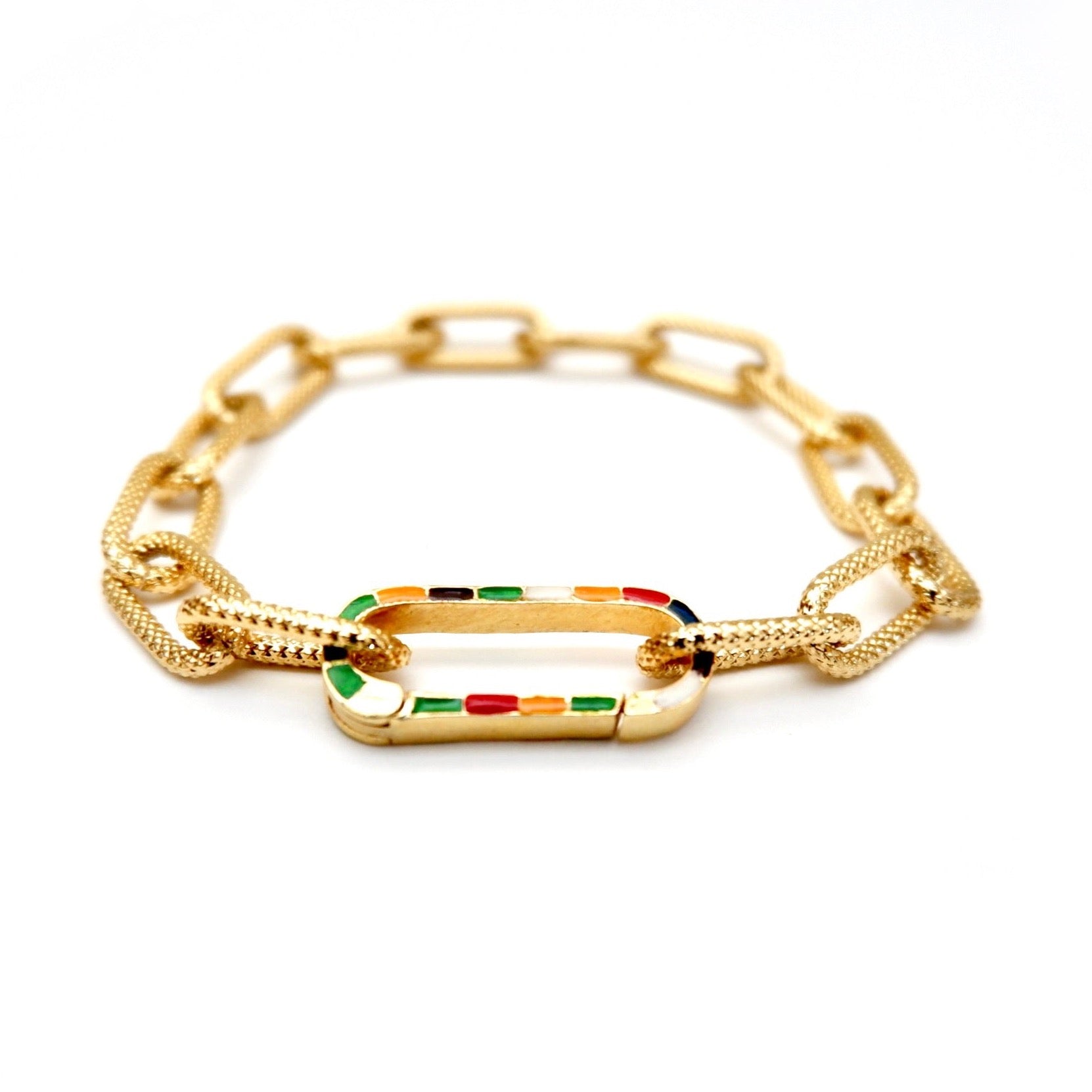 gold link and rainbow enamel clasp bracelet