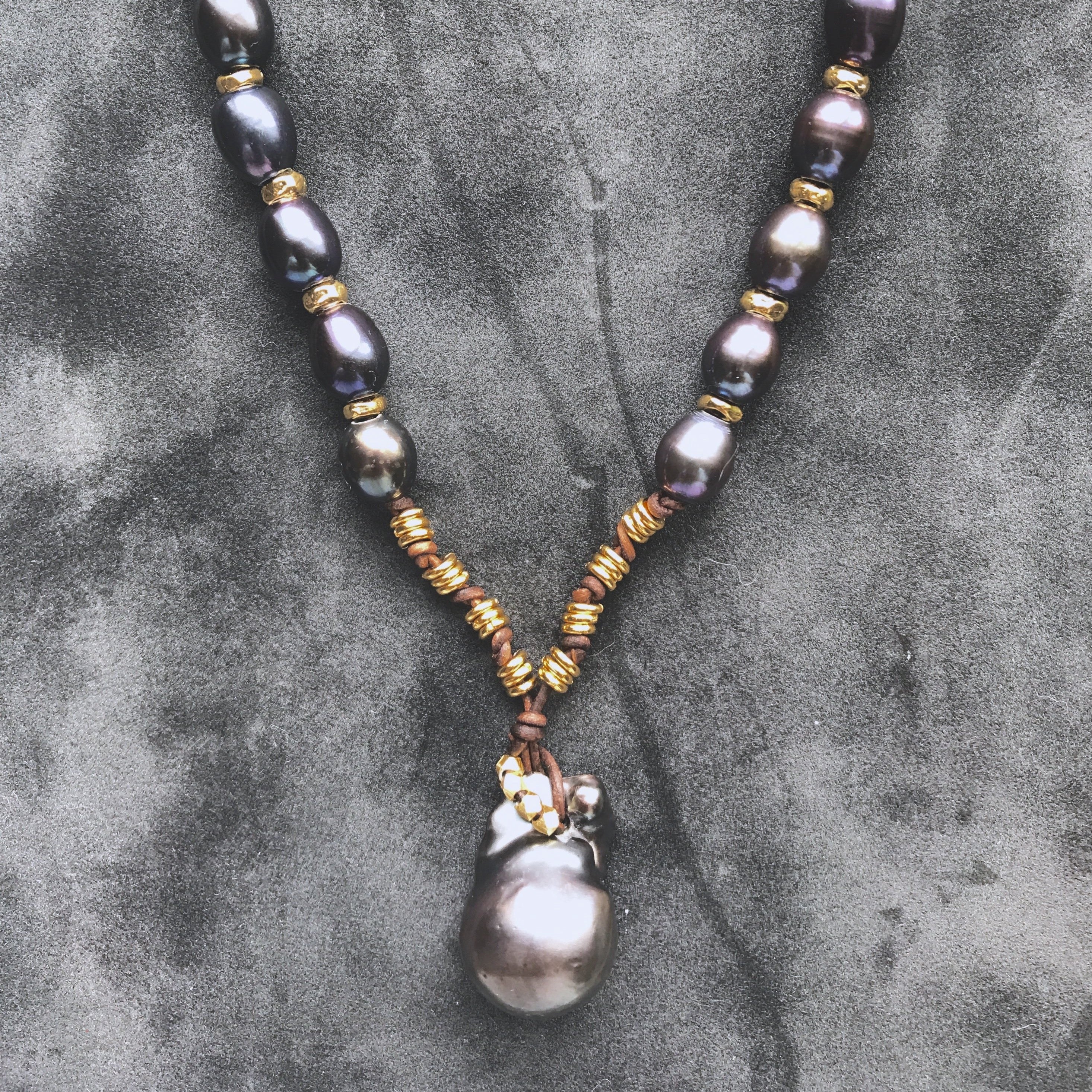 baroque pearl on leather necklace