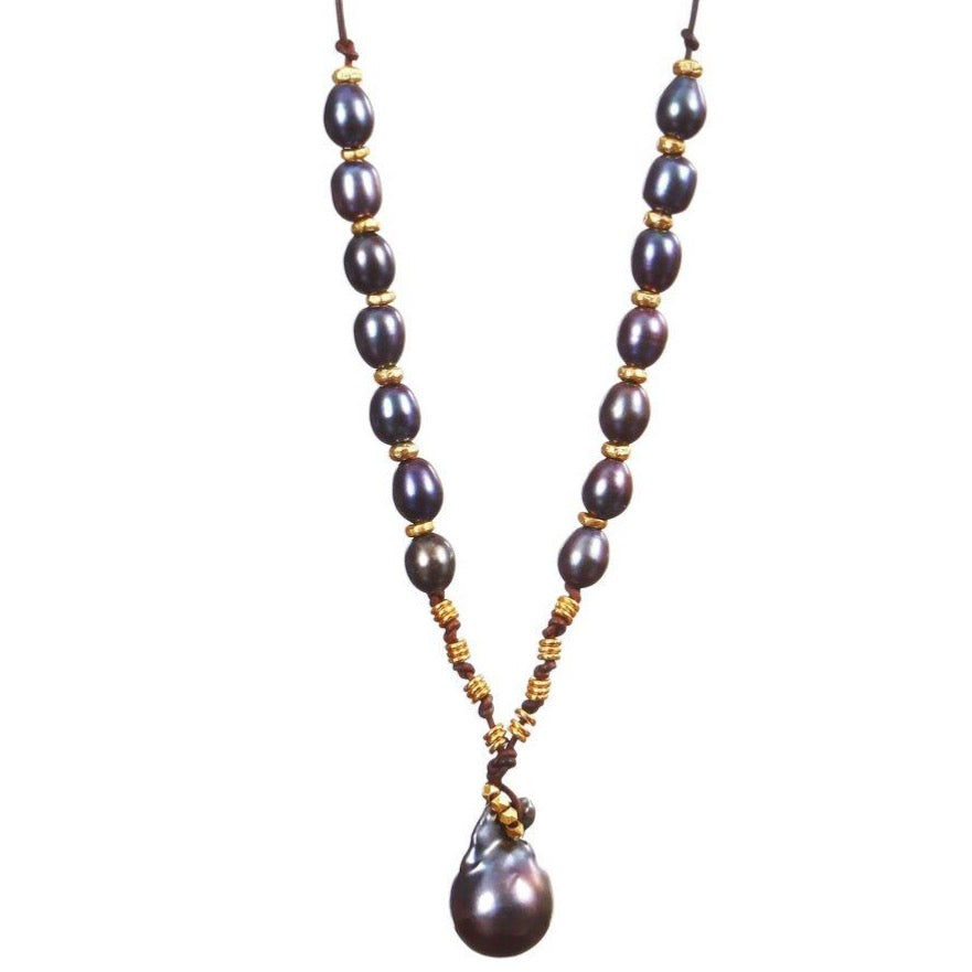 baroque pearl on leather necklace
