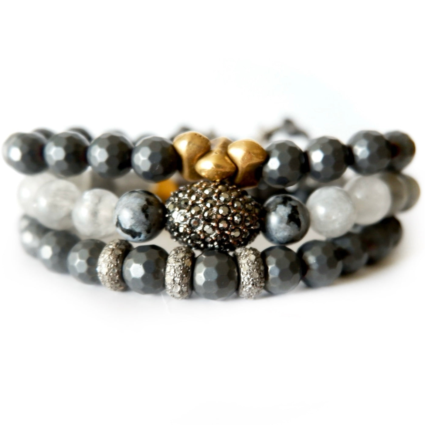 hematite and three pave diamonds bracelet