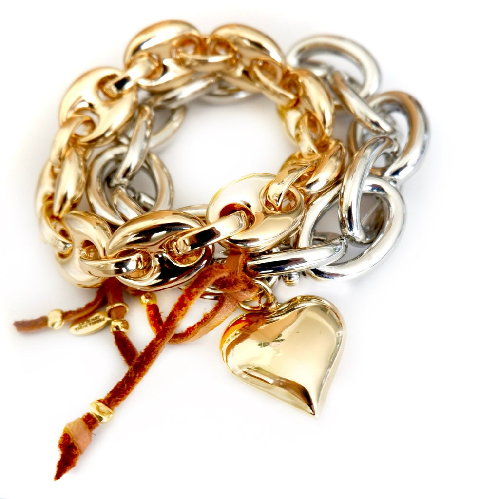 golden heart and metal chain bracelet