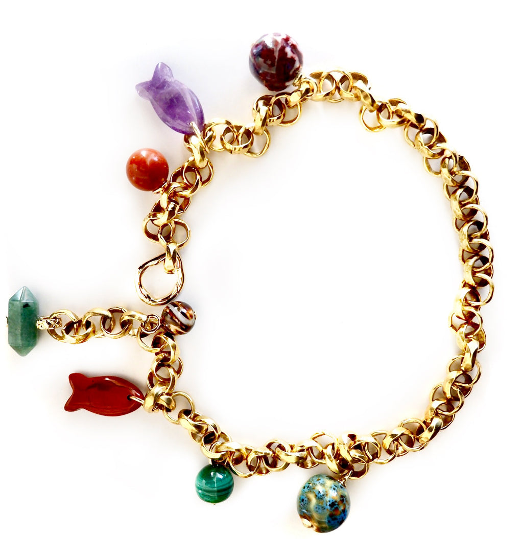 vintage chain rainbow gemstones necklace