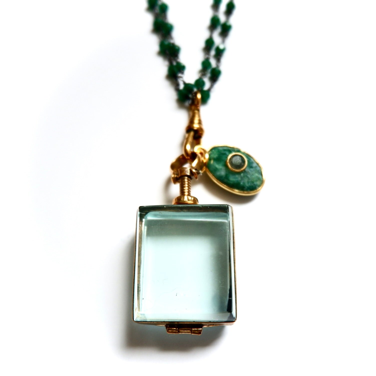 vintage square glass locket green onyx necklace