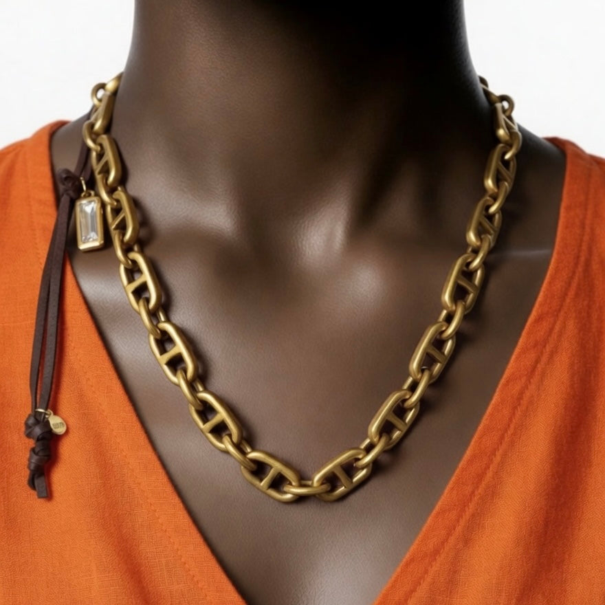 vintage link chain x leather necklace