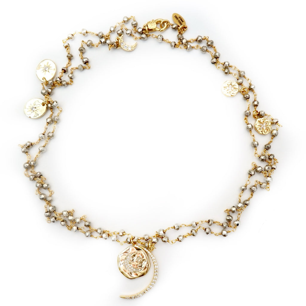 my sparkly pyrite moon necklace