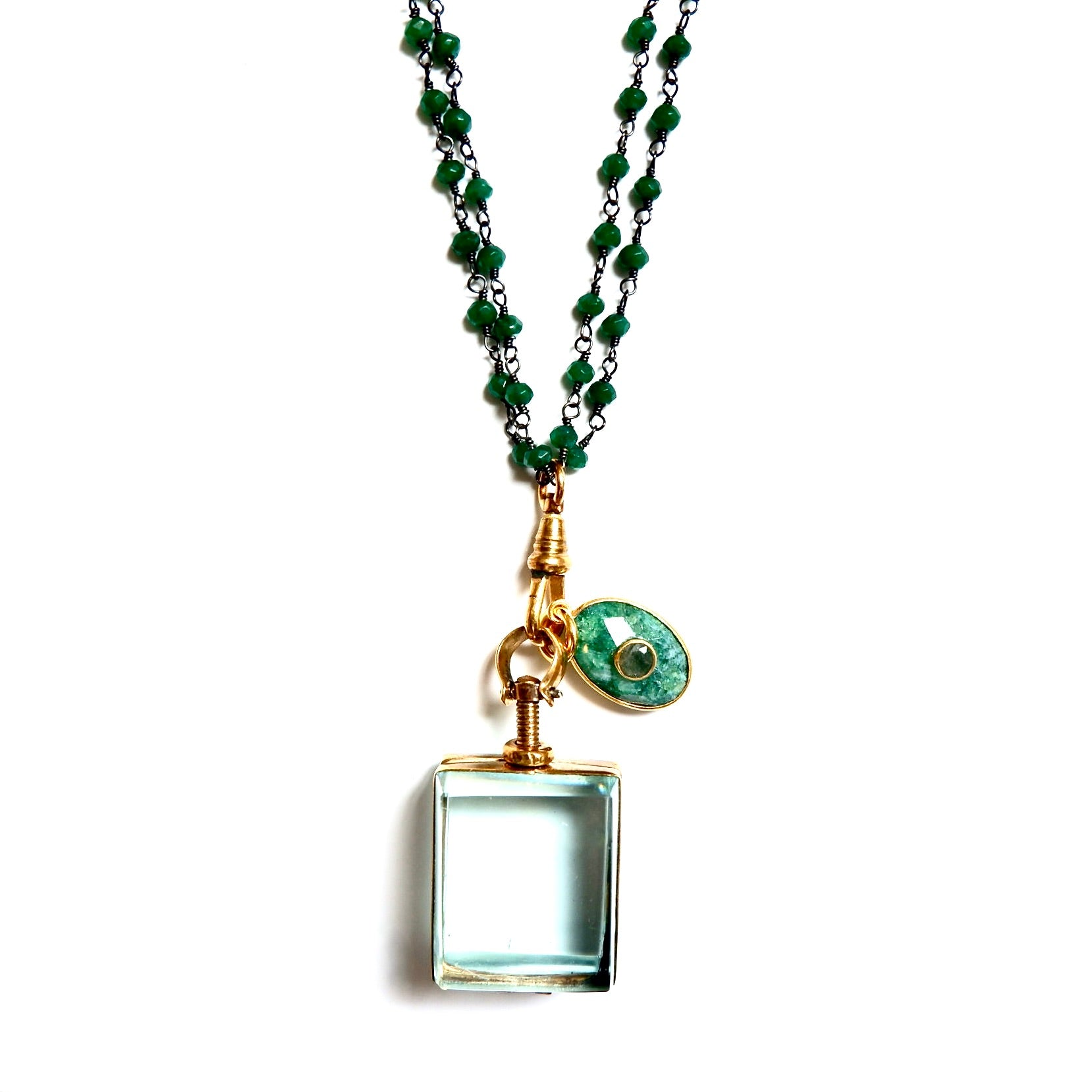 vintage square glass locket green onyx necklace