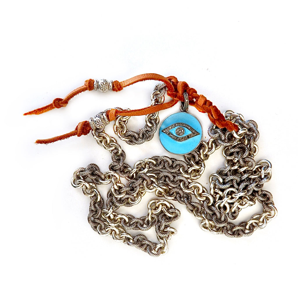 silver & leather pave diamond eye necklace