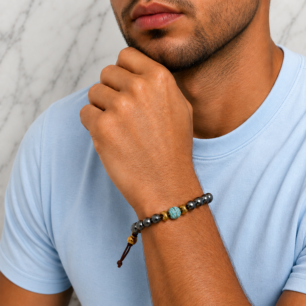 hematite x turquoise mens bracelet
