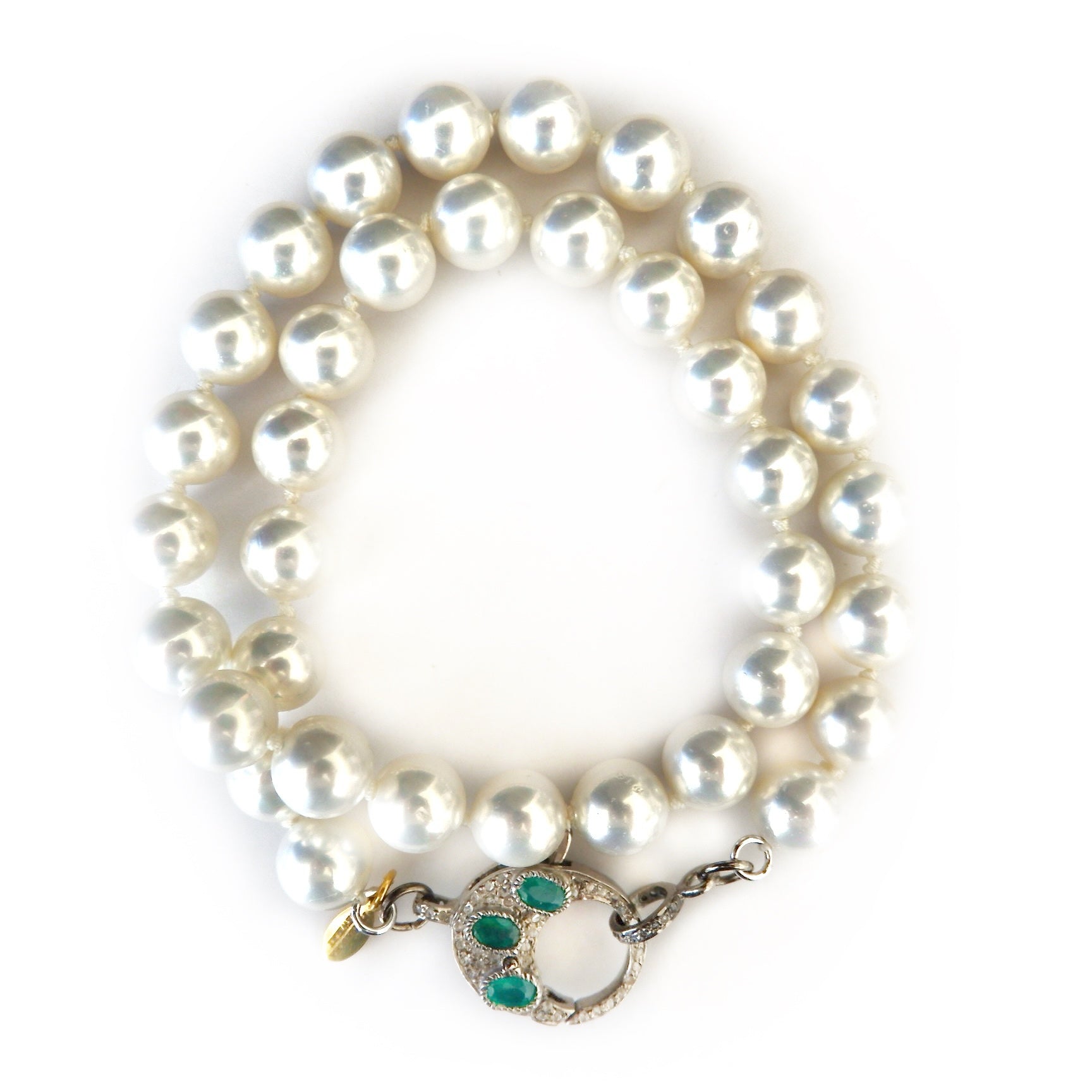 pearl and pave diamond emerald clasp necklace