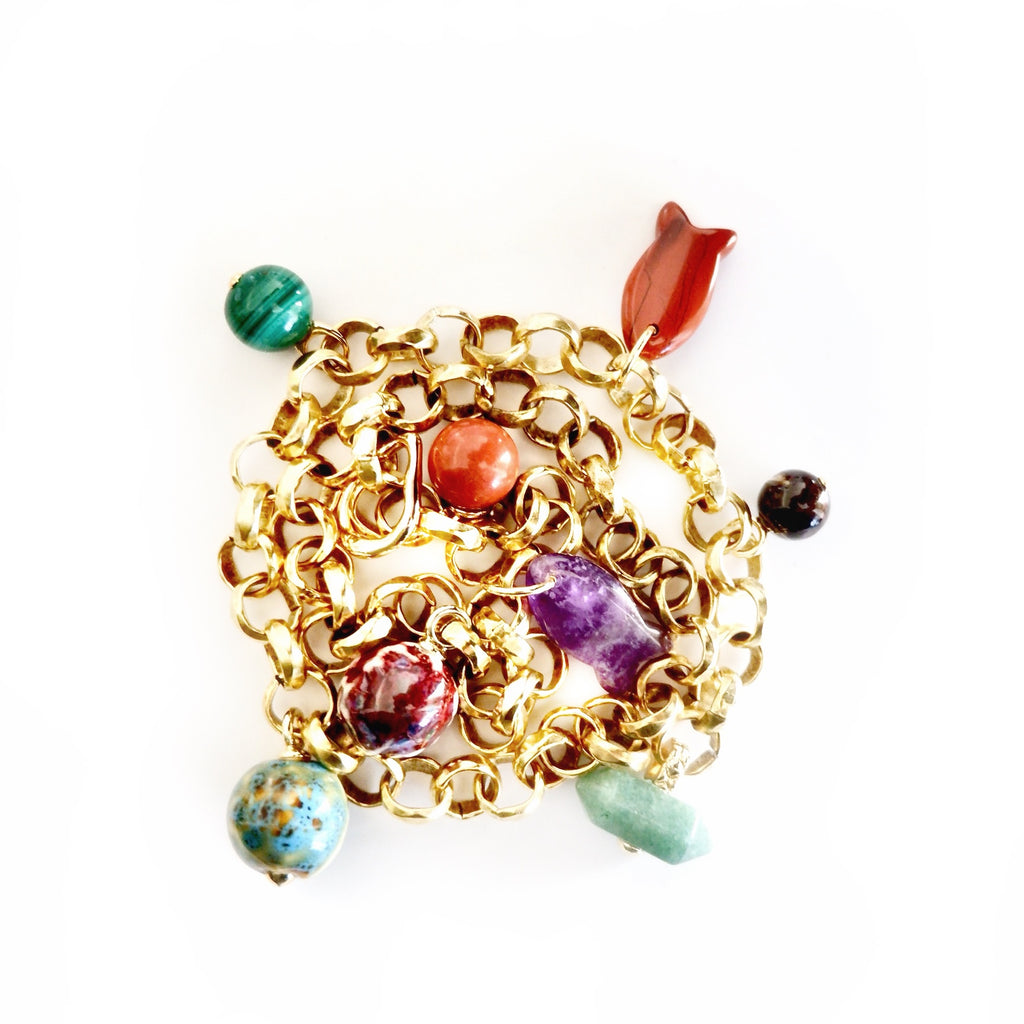 vintage chain rainbow gemstones necklace