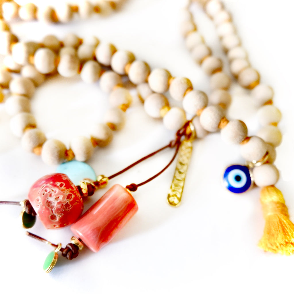 sandalwood x corals mala necklace