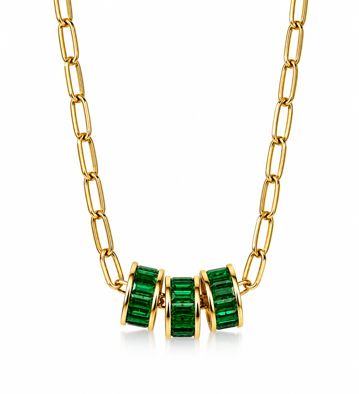 three emerald rings x link chain necklace