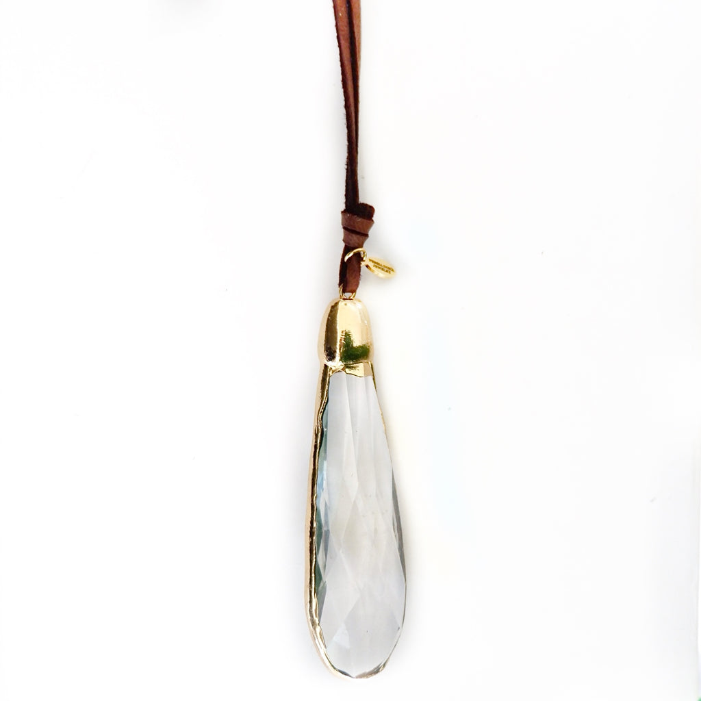 large crystal drop and leather necklace