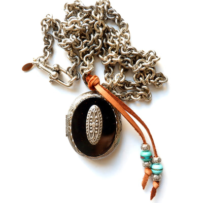 black oval locket silver necklace
