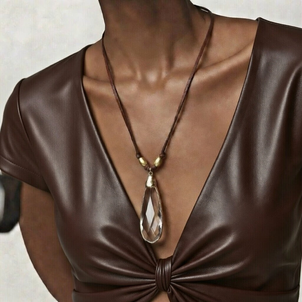 large crystal drop and leather necklace