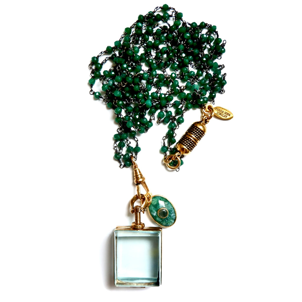 vintage square glass locket green onyx necklace