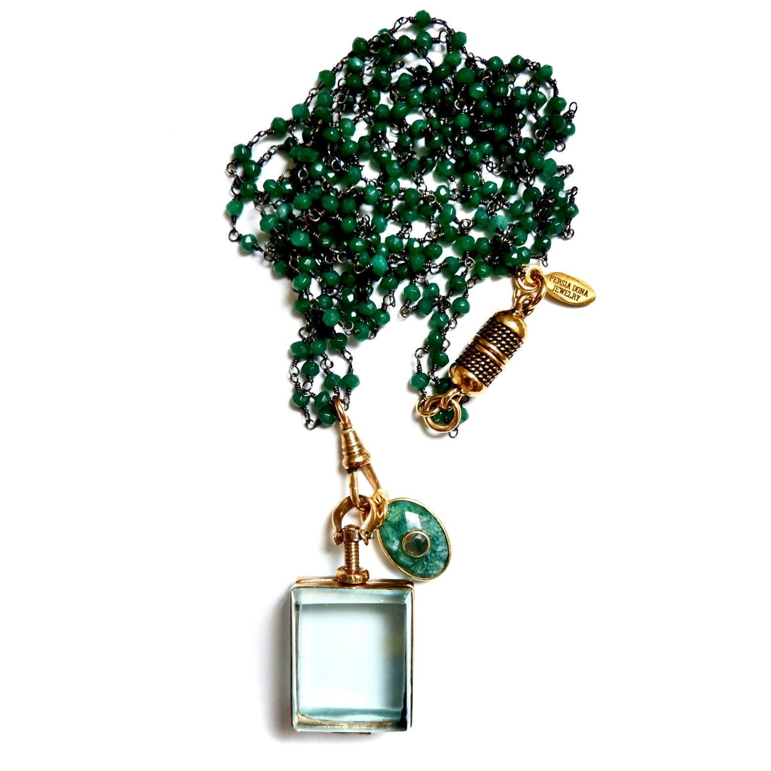vintage square glass locket green onyx necklace
