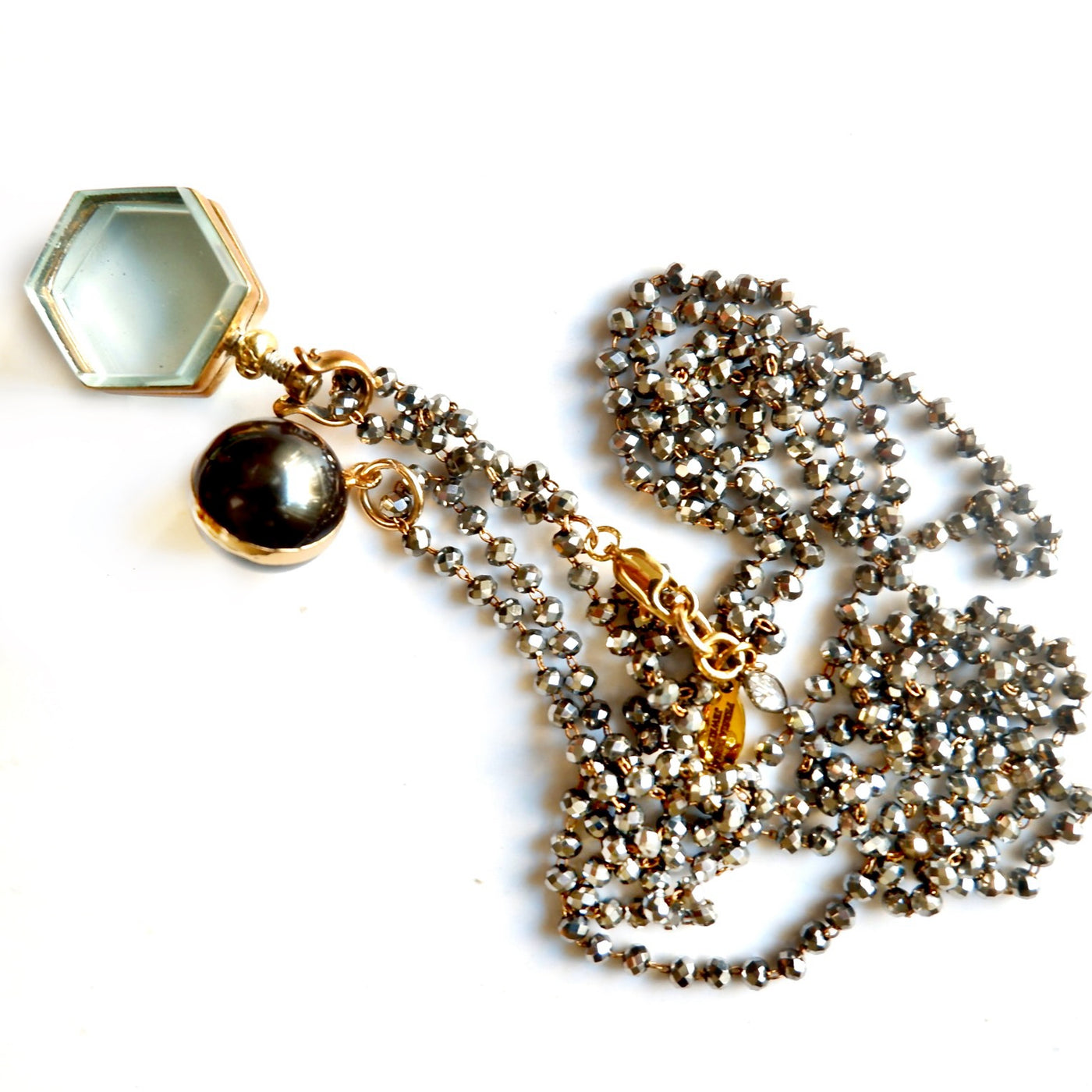 vintage locket pearl pyrite necklace