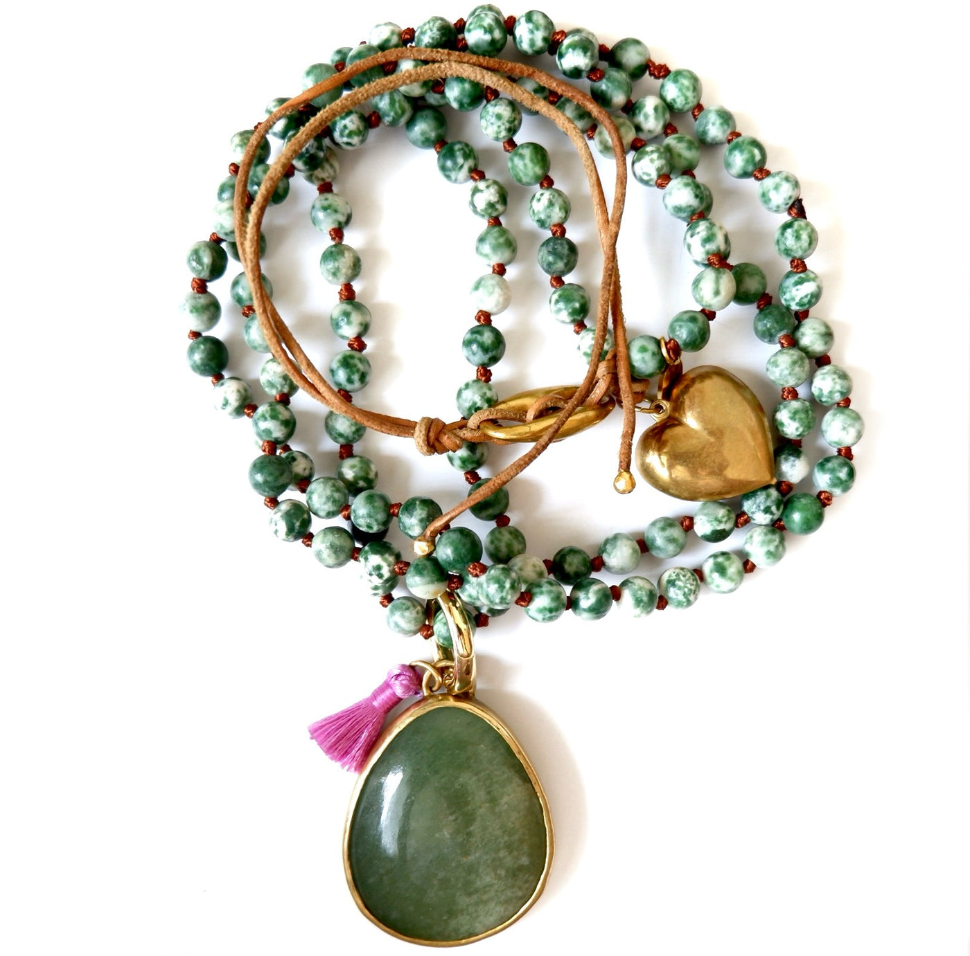 green gemstone and heart love necklace