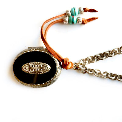 black oval locket silver necklace