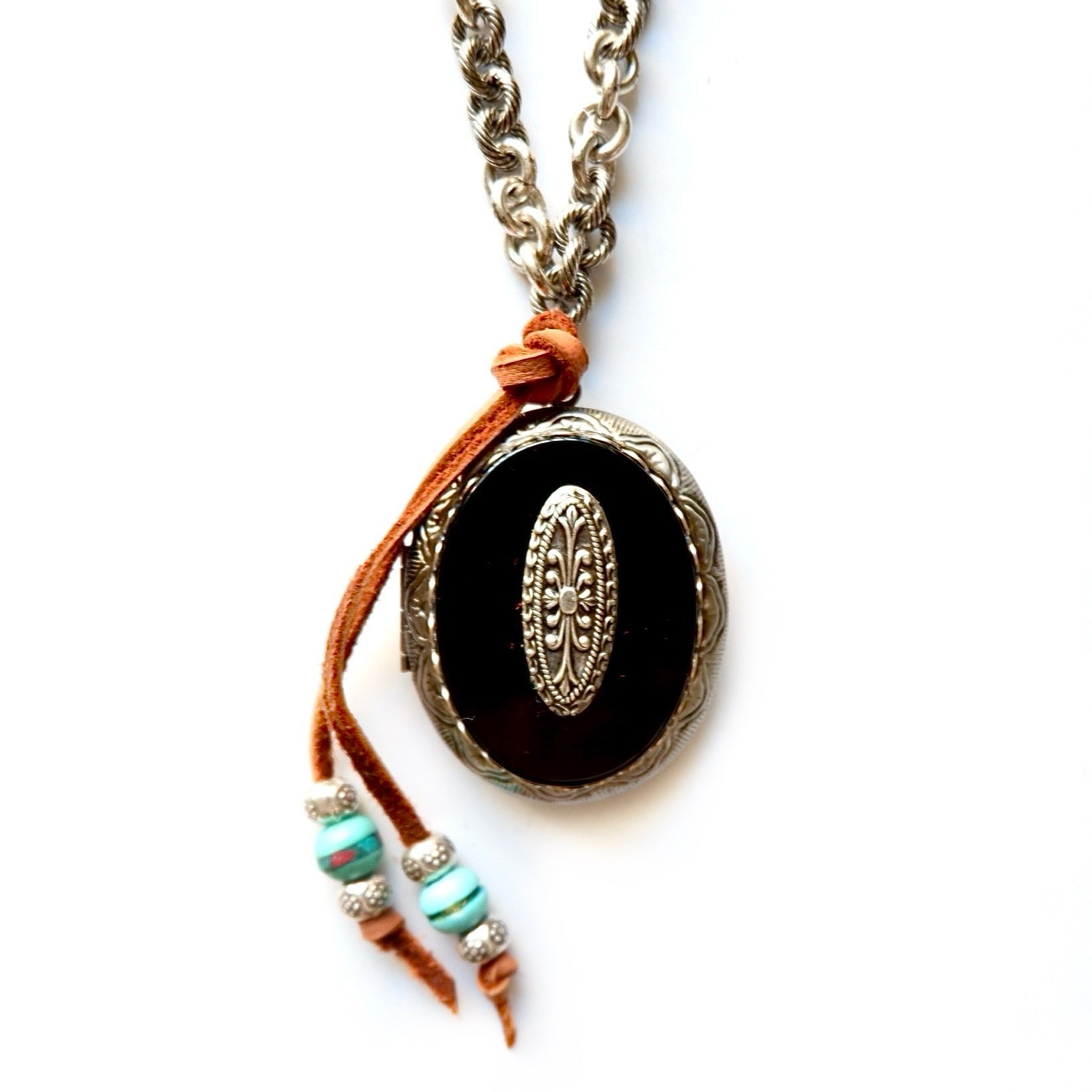 black oval locket silver necklace