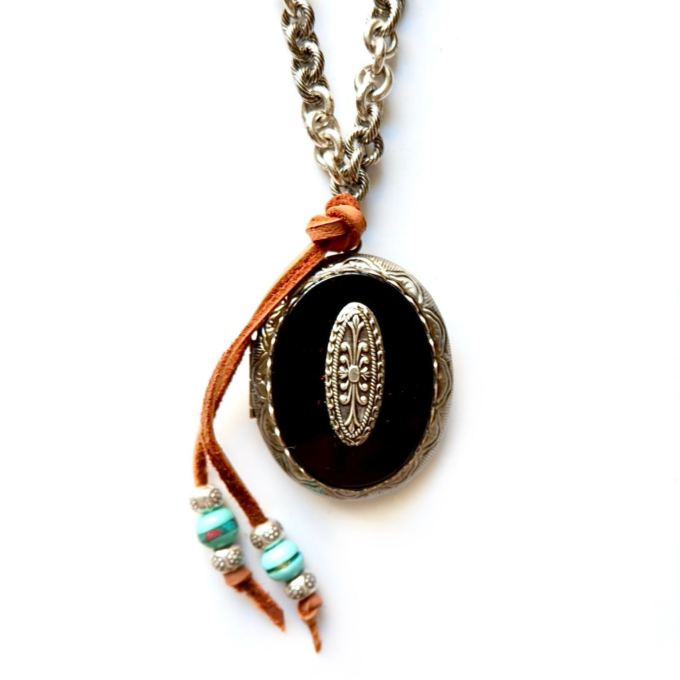 black oval locket silver necklace