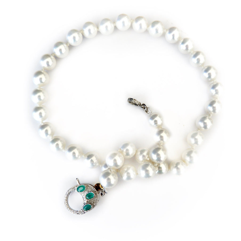 pearl and pave diamond emerald clasp necklace
