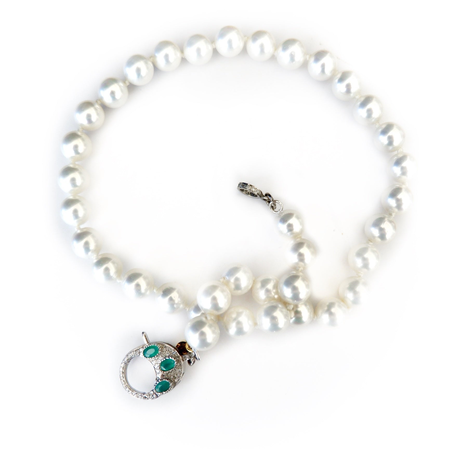 pearl and pave diamond emerald clasp necklace