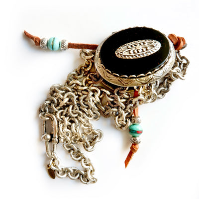black oval locket silver necklace