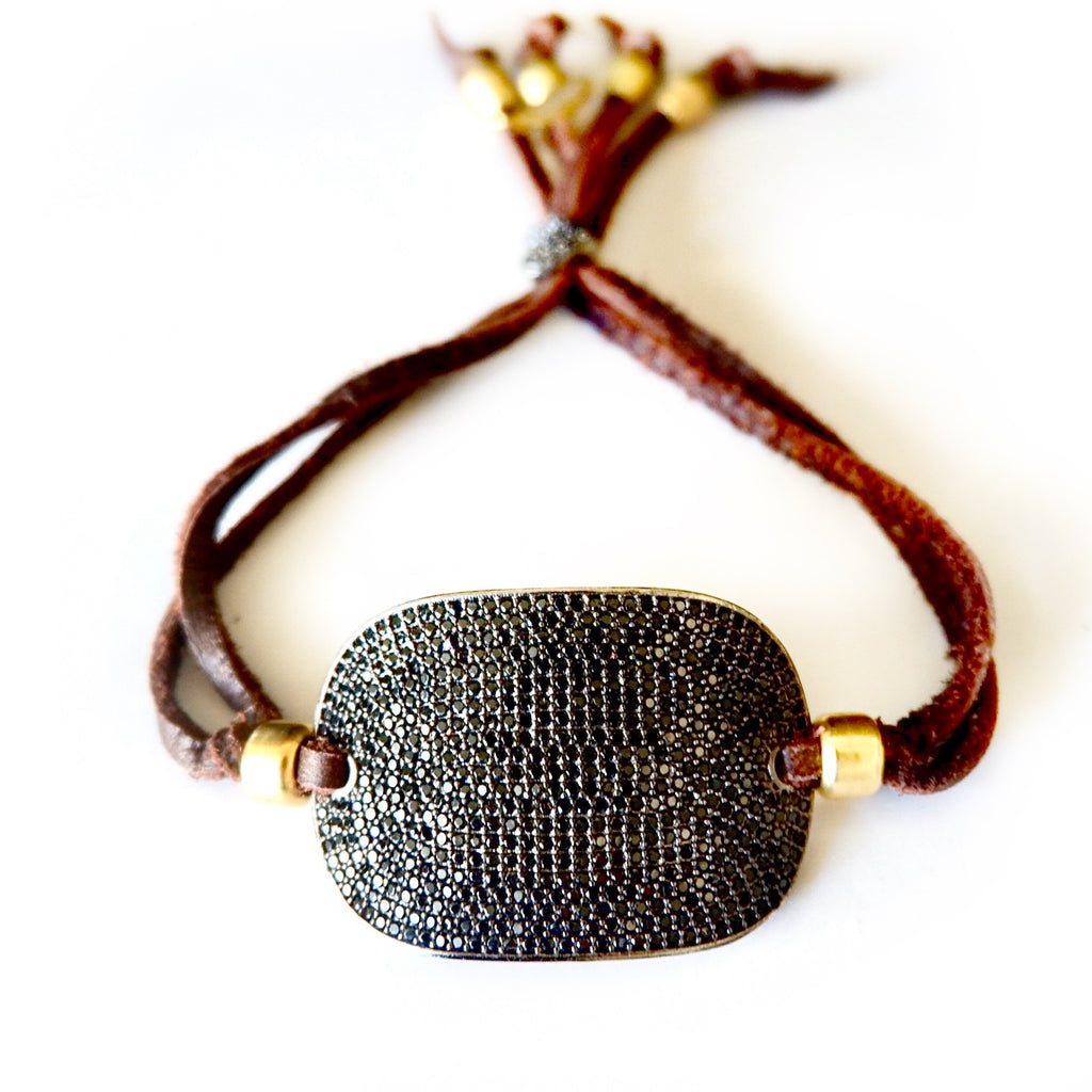 onyx x chocolate leather tag bracelet