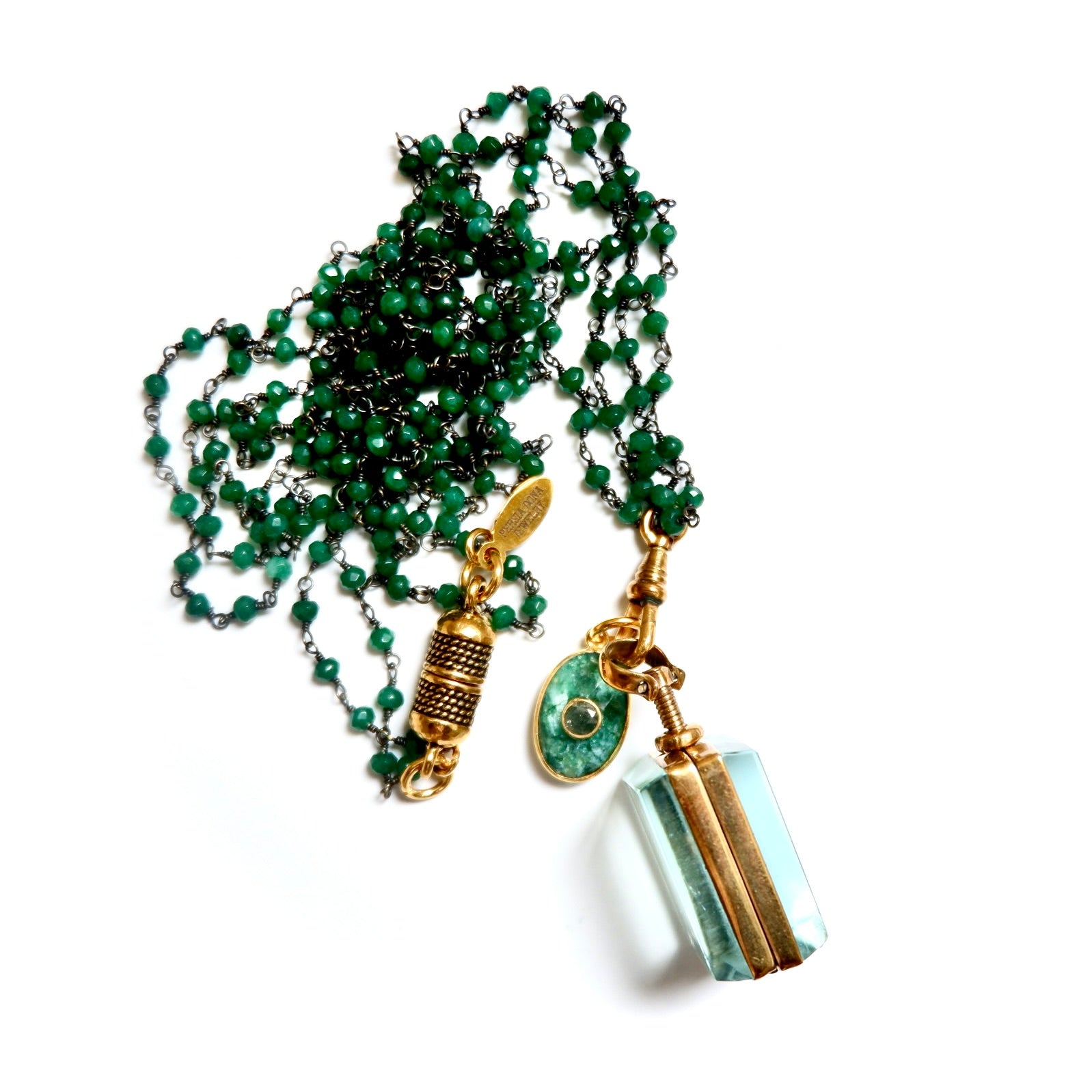 vintage square glass locket green onyx necklace