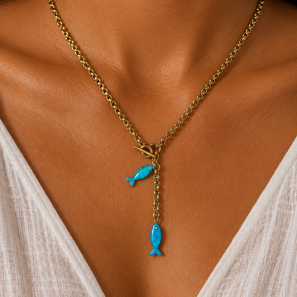 Turquoise gemstone fish necklace