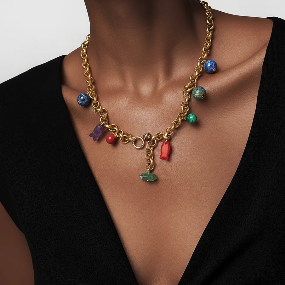 vintage chain rainbow gemstones necklace