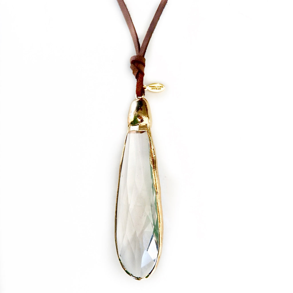 large crystal drop and leather necklace