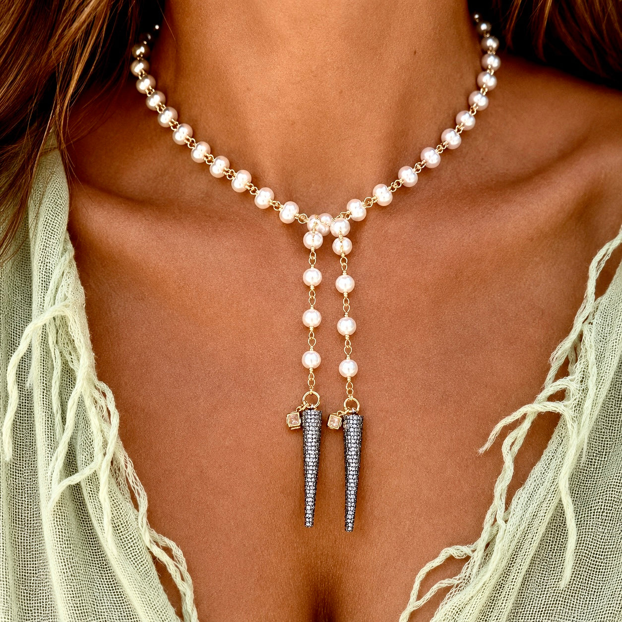 double spikes pearl wrap necklace