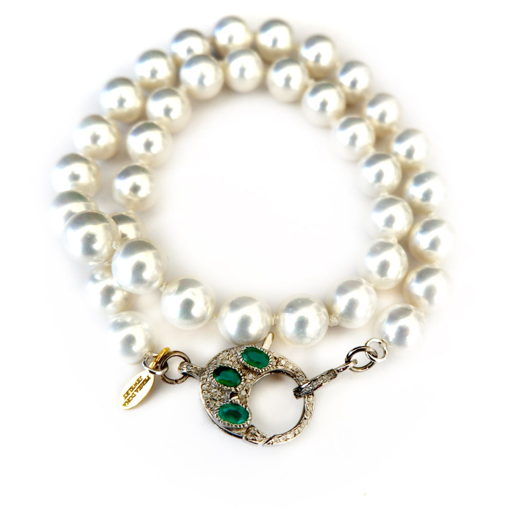 pearl and pave diamond emerald clasp necklace