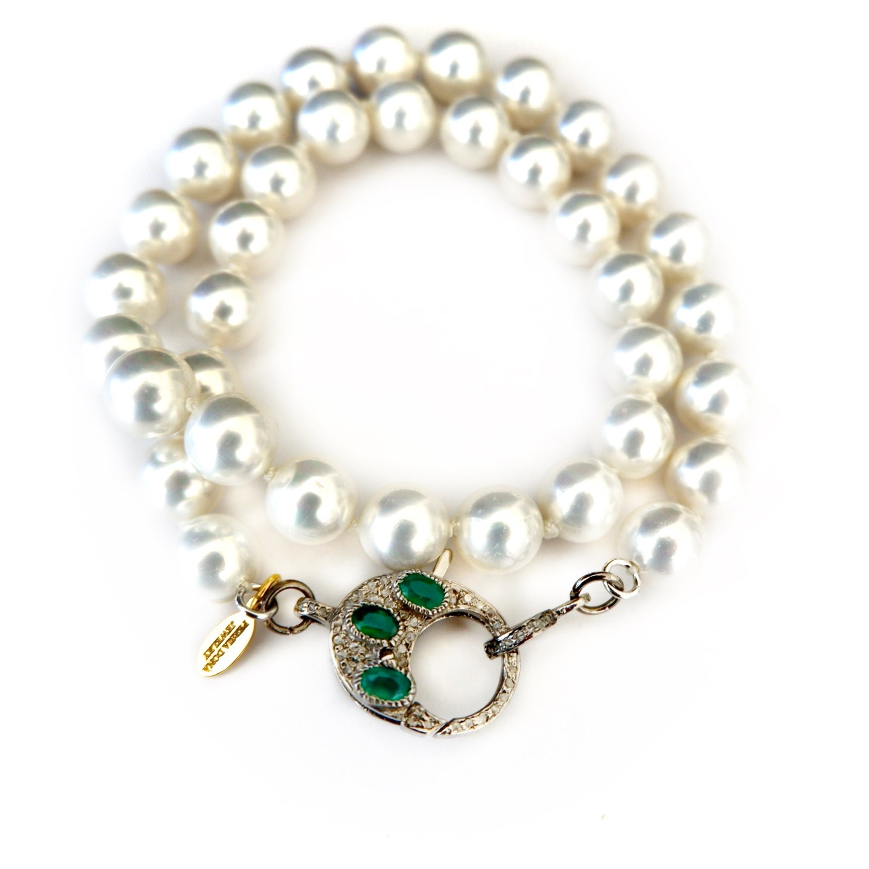 pearl and pave diamond emerald clasp necklace