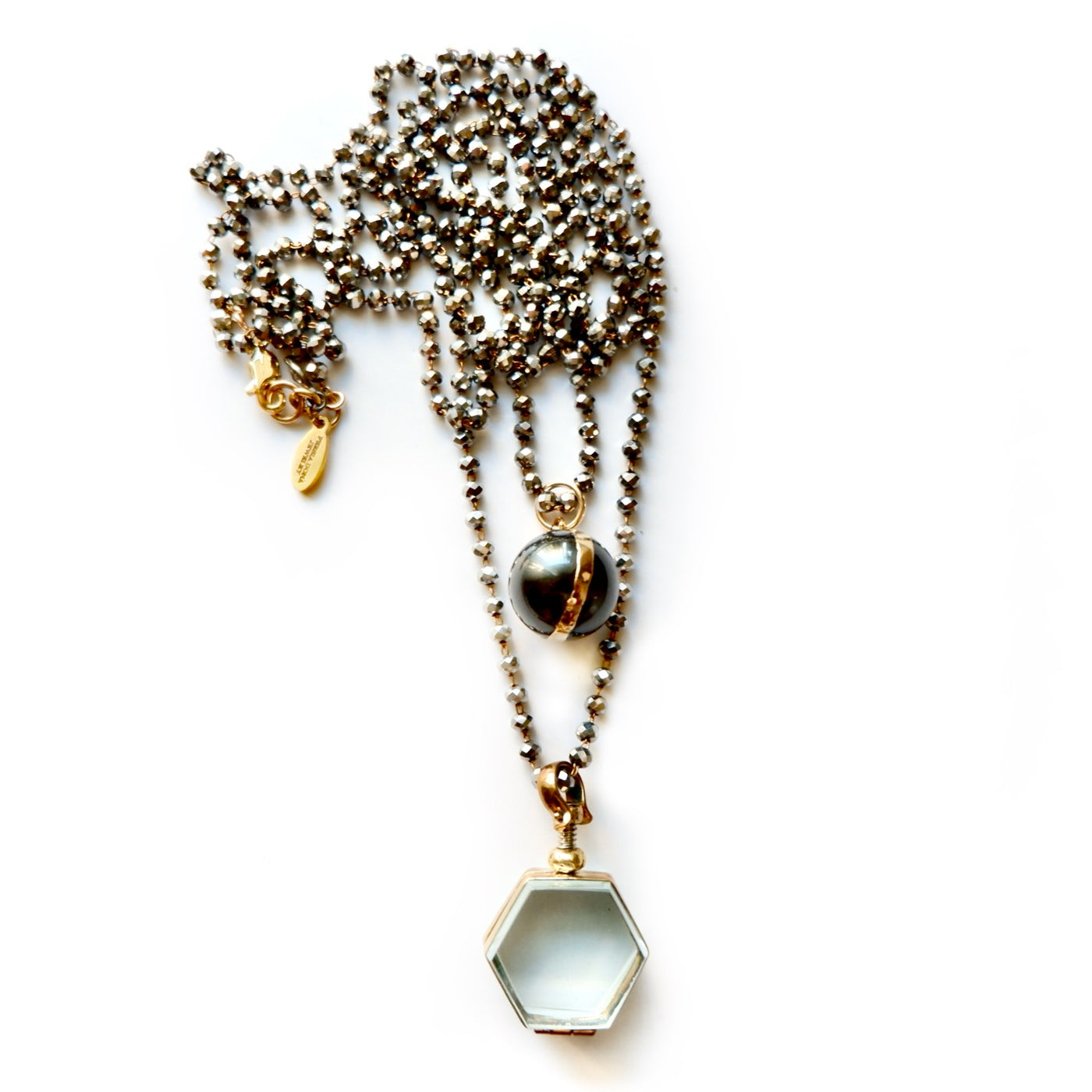 vintage locket pearl pyrite necklace
