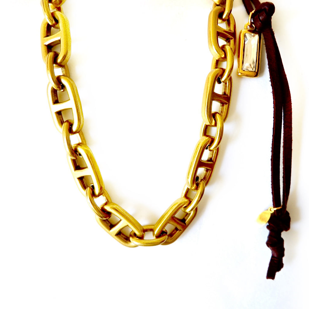 vintage horse bit link chain and leather necklace