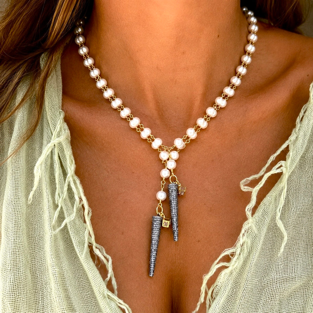 double spikes pearl wrap necklace