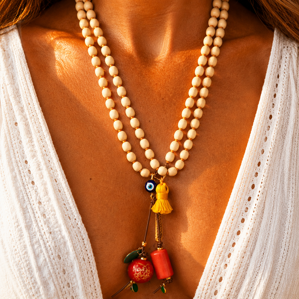 sandalwood x corals mala necklace