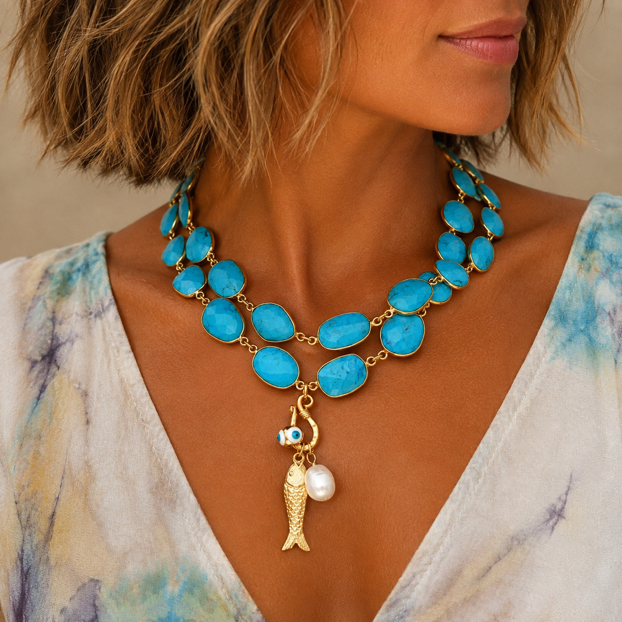 turquoise fish x sea necklace