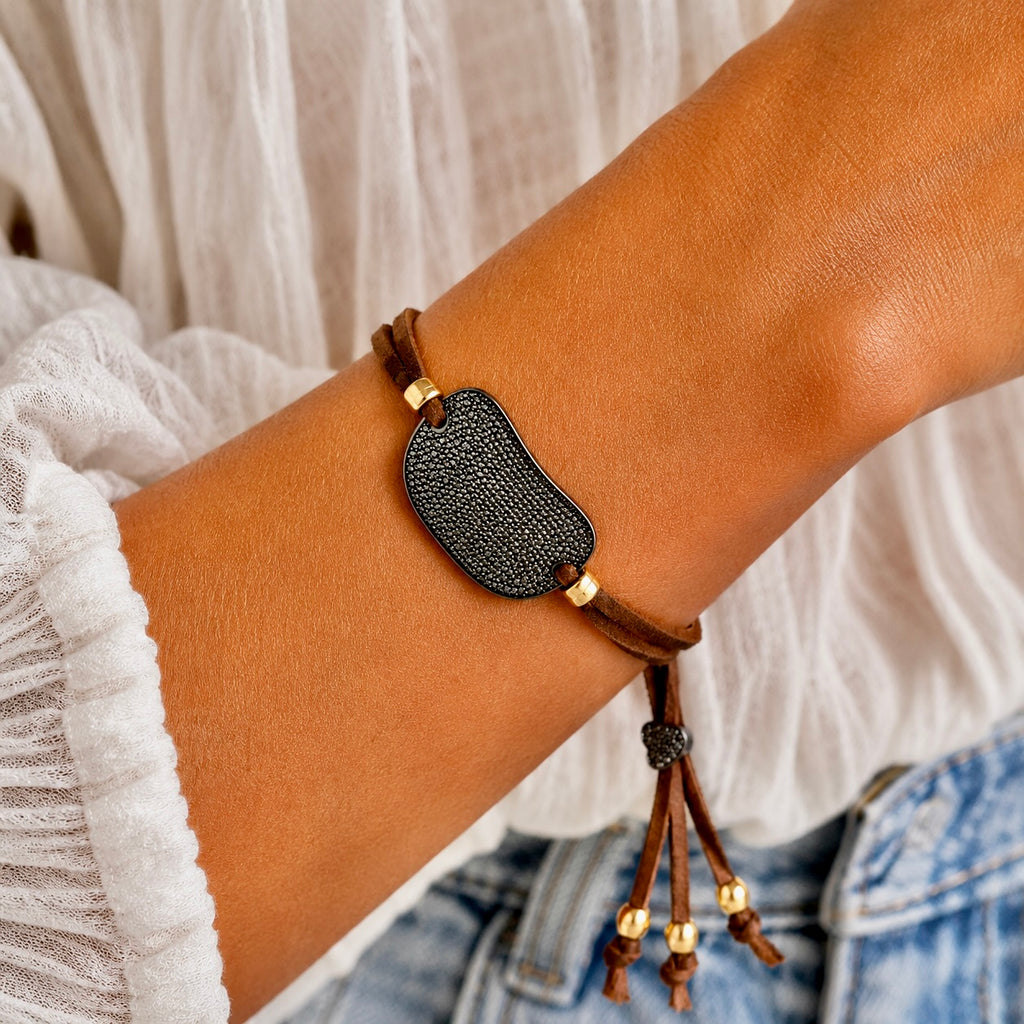 onyx x chocolate leather tag bracelet