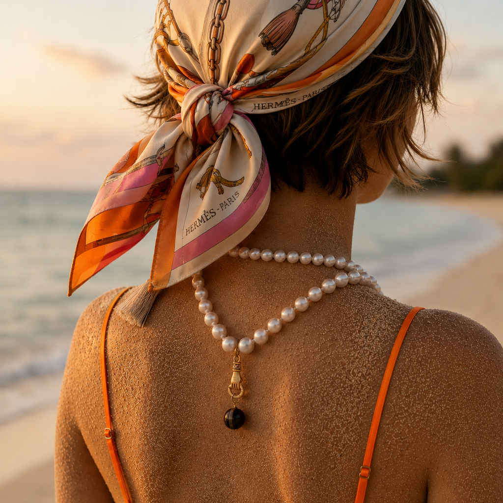 Person on a beach wearing a Hermes scarf, pearl necklace, and orange top.