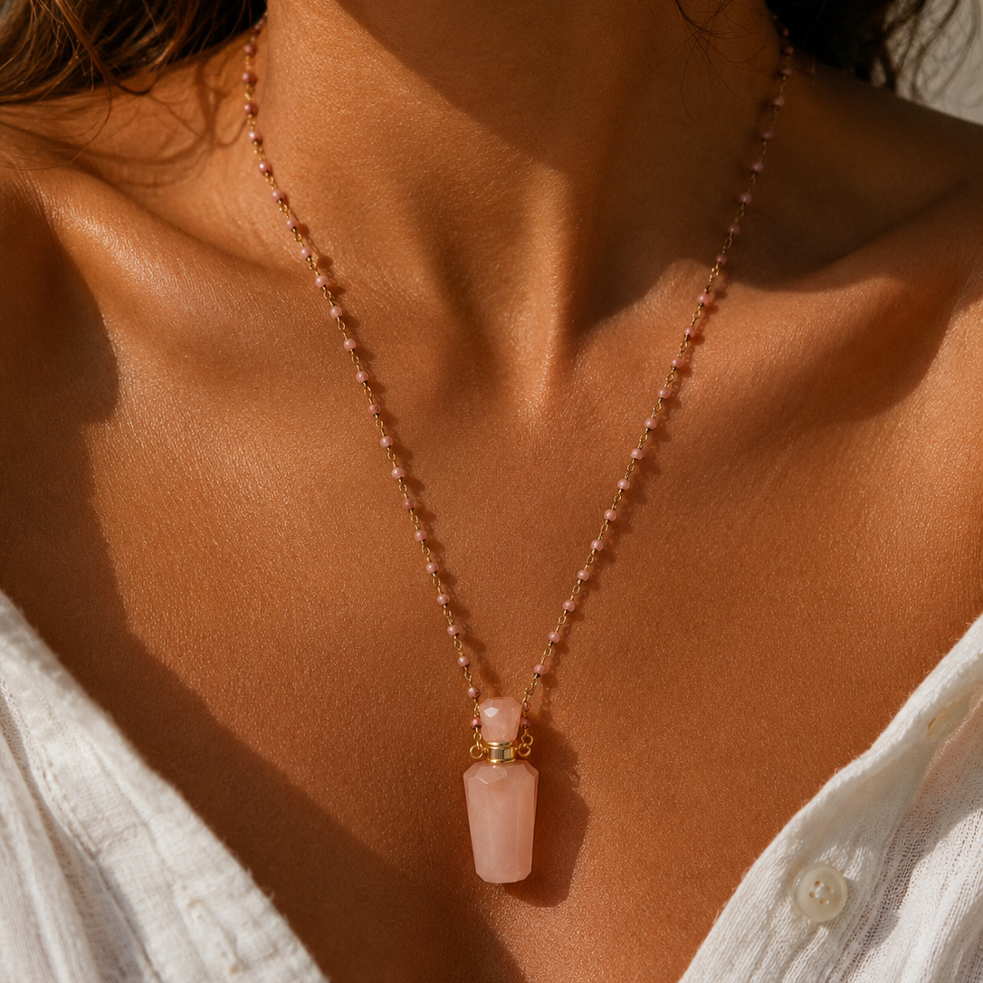 rose quartz perfume bottle necklace